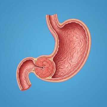 Stomach with Pyloric Stenosis: A detailed, cross-section view of the stomach's pyloric valve showing severe muscular thickening and narrowing of the opening, symbolizing pyloric stenosis. Visible hype