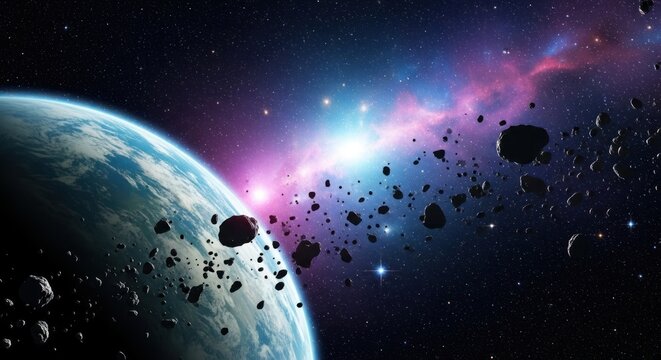 A celestial scene showing a planet, asteroid field, and colorful nebula in deep space