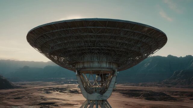Radio telescope dish standing in a vast, arid desert landscape with mountains under a clear sky, symbolizing advanced astronomy, space exploration, and scientific research