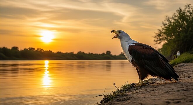 African Fish Eagle Sunset Call River Perch Drama
