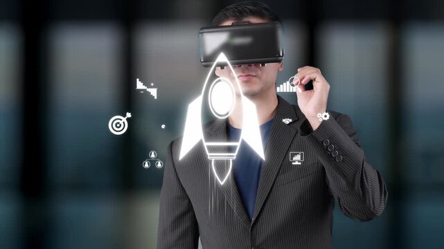 A businessman engaging with virtual reality technology displays dynamic rocket graphics and icons, symbolizing innovation and progress in a corporate office setting. Raster