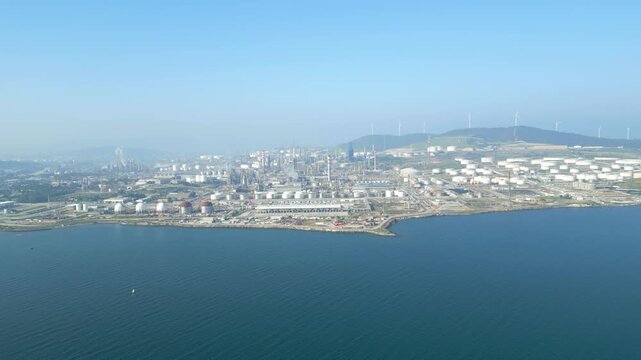 Aerial View of Large Industrial Oil Refinery and Petrochemical Plants in Aliaga, Izmir - Heavy Industry and Energy Sector Infrastructure - 4K. High quality 4k footage