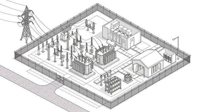 Isometric Power Substation &ndash; Switchgear, Transformers, Circuit Breakers, Bus Bars, Control House