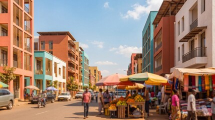 Fototapeta premium Colorful urban street market with pedestrians and multistory buildings in daylight