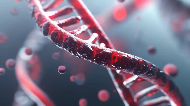 Deoxyribonucleic acid structure, or dna, forming a complex double helix, with red components highlighting its molecular and scientific biological framework for research