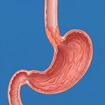 Stomach with Barrett's Esophagus (Lower End): A stylized, detailed depiction of the lower esophageal sphincter and upper stomach, showing a clear patch of salmon-colored tissue (metaplasia) at the jun