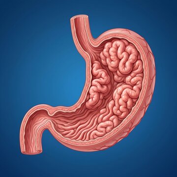 Stomach with Menetrier's Disease (Giant Folds): A detailed, cross-section view of the stomach showing abnormally enlarged, tortuous, and thickened mucosal folds (rugae), primarily in the fundus and bo