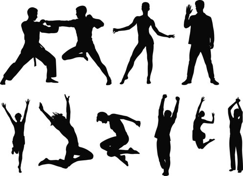 Active People Silhouette Collection Featuring Martial Arts, Dancing, Jumping, and Fitness Action Poses Vector Set