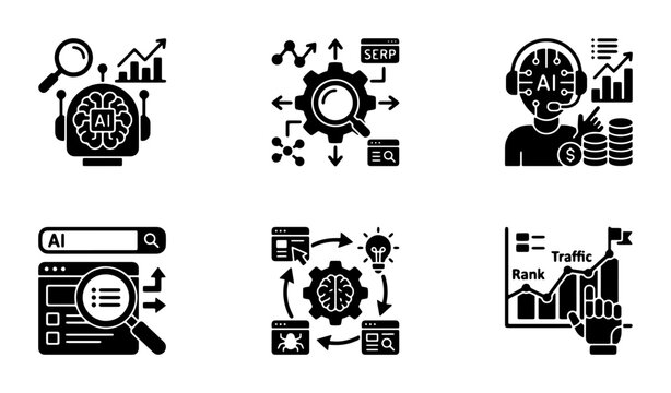 AI SEO Icons, Digital Marketing Analytics, Search Engine Optimization Tools, Business Growth Strategy, Data Analysis Graphics, Technology Workflow Set