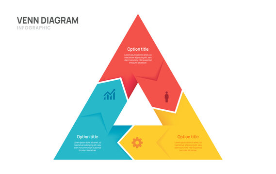 Venn diagram business infographic triangle circle chart template 3 step arrow options, presentation with venn diagram elements vector illustration.