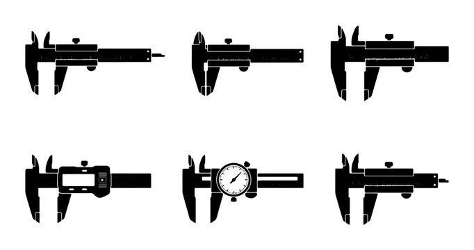 Set of Six Vernier Caliper Icons, Precision Measuring Tools, Engineering and Technical Illustration, Black and White Vector Graphics