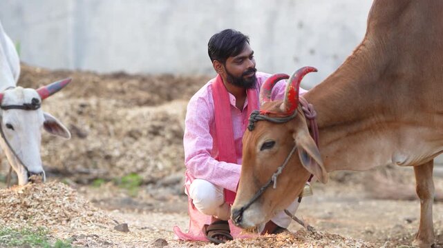 young indian farmer sitting with bull at indian rural village