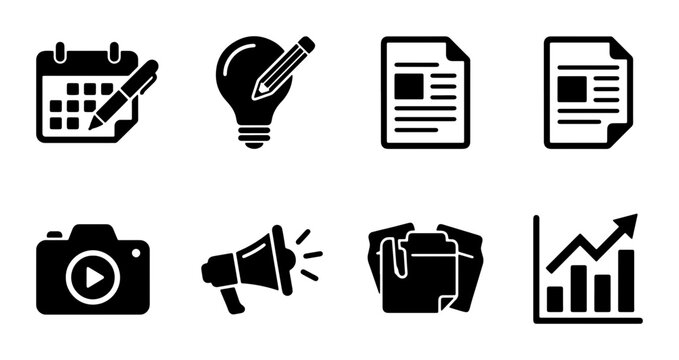 Business Icons Set: Calendar, Idea, Document, Camera, Megaphone, Notes, Analytics, Vector Graphics for Marketing and Planning
