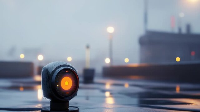 Futuristic robot eye monitoring a rainy urban night, reflecting blurred bokeh city lights and digital data streams to evoke surveillance, ai and smart city technology