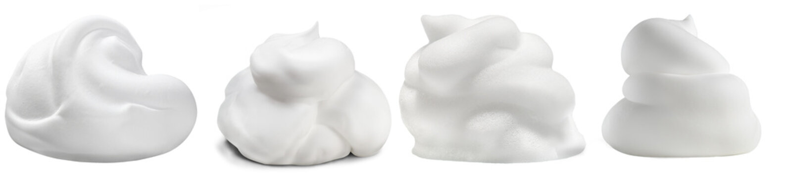 Four distinct white foam swirls and airy peaks, perfect for cosmetics and hygiene products.