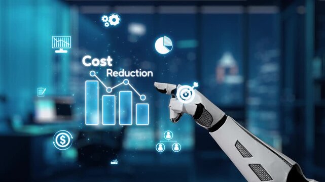 A robotic hand interacts with digital graphics displaying cost reduction strategies in a modern office setting, illustrating innovation and technology in business processes. Auvana