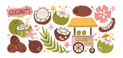 Coconut tropical stickers in retro cartoon style. Fresh coconuts, palm leaves, exotic flowers, coconut drinks and island market elements. Tropical summer vacation graphics, exotic fruit beach shapes © Limpreom
