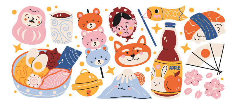 Japanese food culture stickers retro cartoon style. Sushi, ramen, daruma, sakura, mount fuji, asian mascots and kawaii animals, traditional japan snack and travel collection