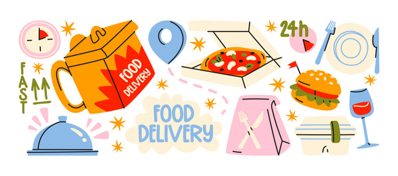 Food delivery stickers in retro cartoon style. Pizza box, burger, takeaway coffee, lunch containers, fast delivery and restaurant takeaway elements. Online food service graphics, delivery app shapes