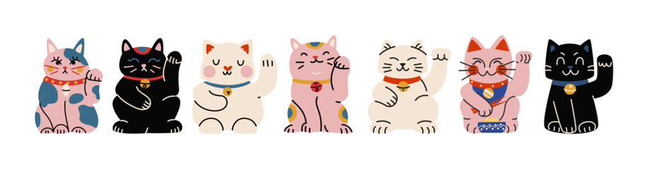 Fototapeta na wymiar Maneki neko lucky cat stickers with asian fortune symbols in retro cartoon style. icons: waving cat, coin, traditional japanese lucky charm, prosperity and wealth cats