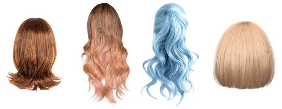 Four diverse hair wigs, including a short bob, long ombre waves, vibrant blue, and a sleek blonde style.