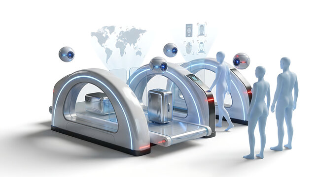 Futuristic security checkpoint with robotic scanning and human observers.