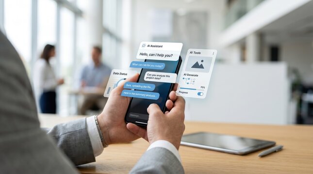 AI assistant chat interface on smartphone screen with virtual tools and data processing widgets, artificial intelligence technology concept