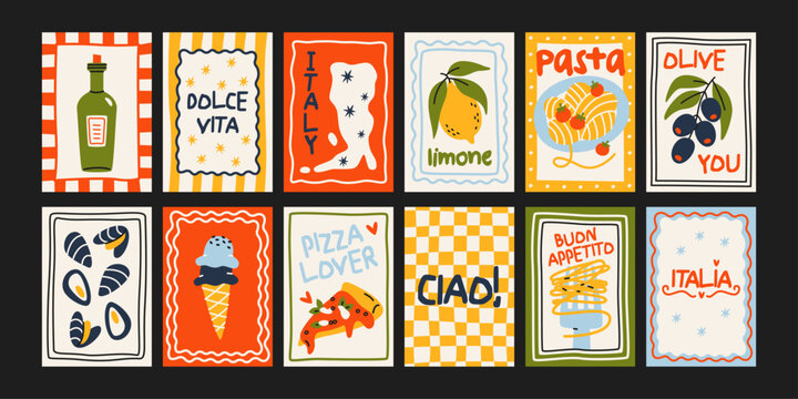 Abstract Italian summer posters in 90s style. Bright compositions: pizza, lemons, cocktails, seafood in cartoon trendy retro style. Decor for kitchens, cafes and restaurants. Minimalist wall banners