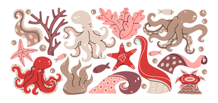 Ocean octopus seafood stickers retro cartoon style. Octopus, coral, starfish, shrimp, seaweed and underwater creatures, marine food collection and aquatic seafood graphics for ocean cuisine