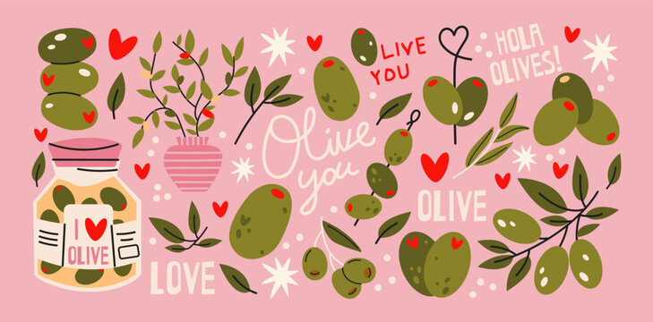 Olive stickers in cartoon style. Olive branches, fruits, olive oil bottles, jug, bowl and Mediterranean plants. Traditional culinary elements and seasonings for cooking, kitchen doodle stickers