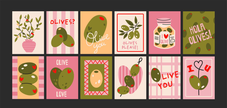 Set olive posters for the kitchen. Bottles of oil, leaves and Mediterranean food. Graphic postcards with culinary vibes, healthy food and kitchen decoration. Isolated vector wall decor illustrations