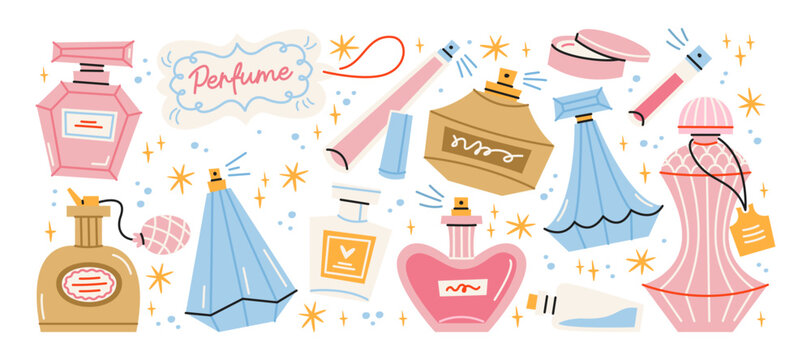 Perfume fragrance bottle stickers retro cartoon style. Luxury flacons, aroma diffusers, perfume sprays, scented sachets and elegant fragrance containers, feminine aroma collection and scented beauty 