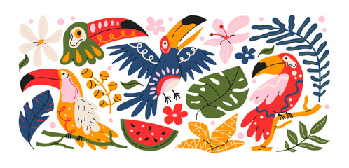 Fototapeta premium Tropical toucan stickers with exotic birds and jungle wildlife in retro cartoon style. Tropical fauna, botanical elements and fruits with decorative shapes. Colorful jungle rainforest collection with 