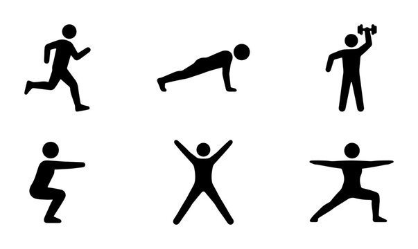 Fitness Icons Set, Silhouette Figures Performing Exercises: Running, Push-up, Weightlifting, Squat, Jumping Jack, Warrior Pose. Vector Graphics for Health and Wellness.