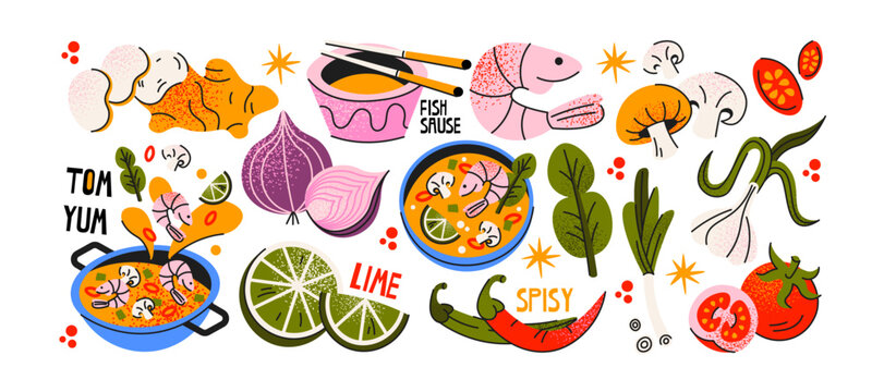 Tom yum soup sticker shapes with shrimp chili and asian ingredients, spicy thai food set with seafood and herbs, hot soup composition with traditional cuisine elements and cooking details