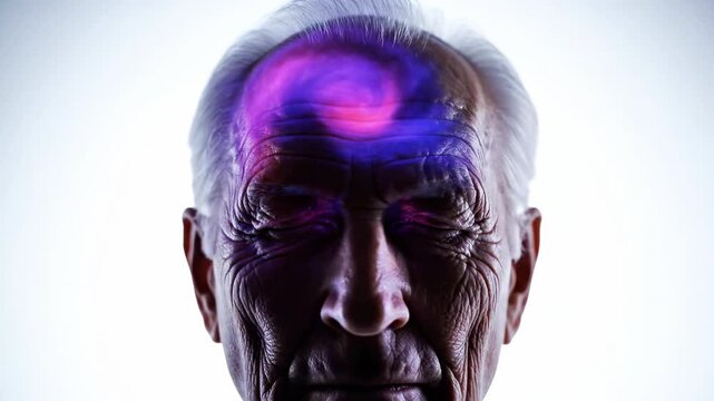 A close-up of an elderly man's face with colorful brain scan superimposed