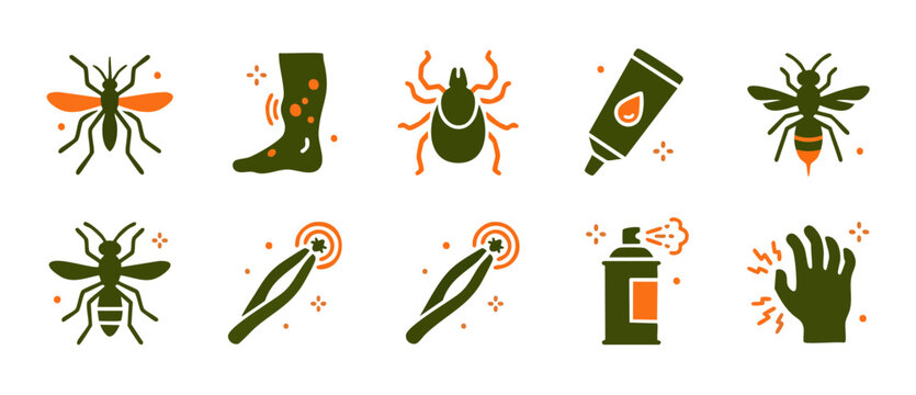 Insect bite icons set with tick removal, mosquito, wasp, allergy symptoms, and medical treatment spray, flat vector illustration for dermatology, pest control and health prevention awareness campaign.