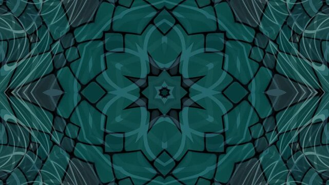 Blue green kaleidoscope animation with intricate geometric symmetry and layered abstract patterns, ideal for artistic and futuristic backgrounds.