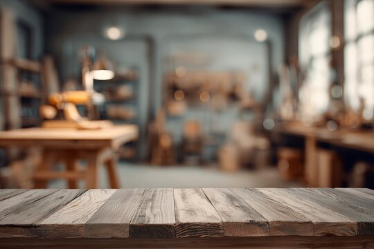 Empty wooden table top with blurred workshop background.