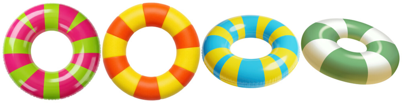 A vibrant collection of colorful inflatable swimming rings, essential summer pool floats for fun and safety.