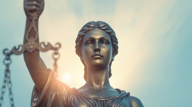 Bronze statue of justitia goddess of justice with intricate details and scales symbolizing law and order