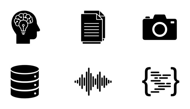 Modern Technology and Data Icons Set: Brain, Document, Camera, Database, Soundwave, Code - Vector Graphics for Digital Concepts
