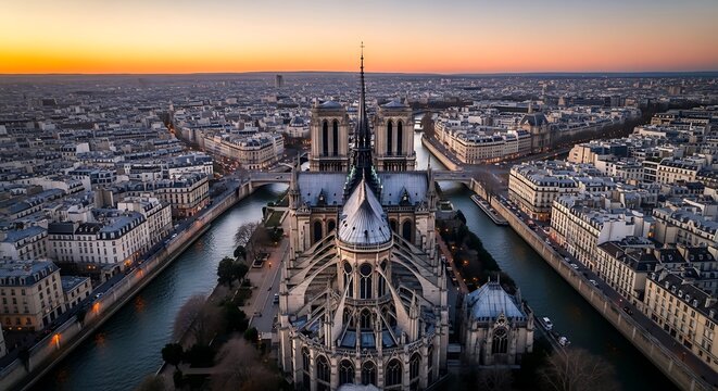 Iconic Gothic cathedral majestically overlooks Paris river at sunset
