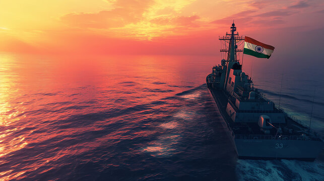 Indian Navy warship sailing at sunset on calm ocean