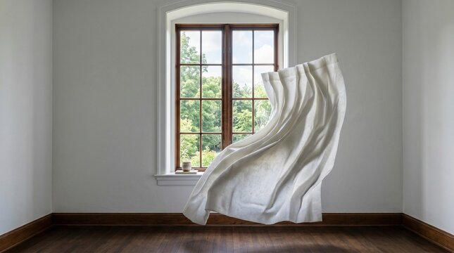 A curtain frozen mid-wave like stop-motion animation, completely stiff