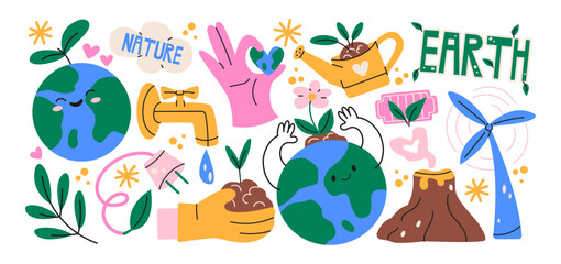 Earth Day eco stickers in retro cartoon style. environmental symbols: planet earth, hands, plant sprout, wind turbine, volcano, nature care and sustainability actions, global ecology protection © Limpreom