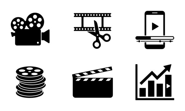 Video Production Icons Set: Film Camera, Editing, Mobile Playback, Film Reels, Clapperboard, Growth Chart Vector Graphics