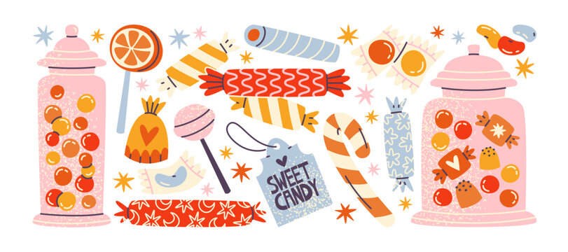 Sweet candy stickers with lollipops sugar sweets and glass jars, colorful confectionery treats with wrapped candies and dessert elements in playful graphic style for sugar snack set