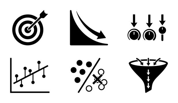 Data Analysis Icons Set: Target, Decline Graph, Controls, Scatter Plot, Classification, Funnel, Business Analytics Vector Graphics