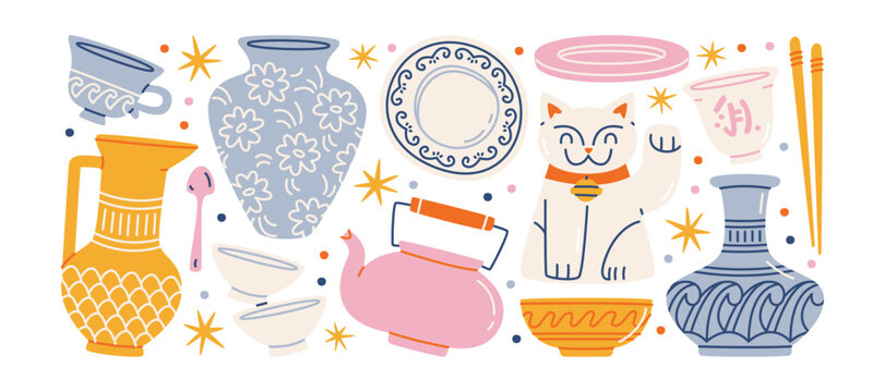 Chinese porcelain stickers  with ceramic teapot bowls vases and lucky cat, traditional asian tableware with decorative pottery elements and classic oriental ceramics collection